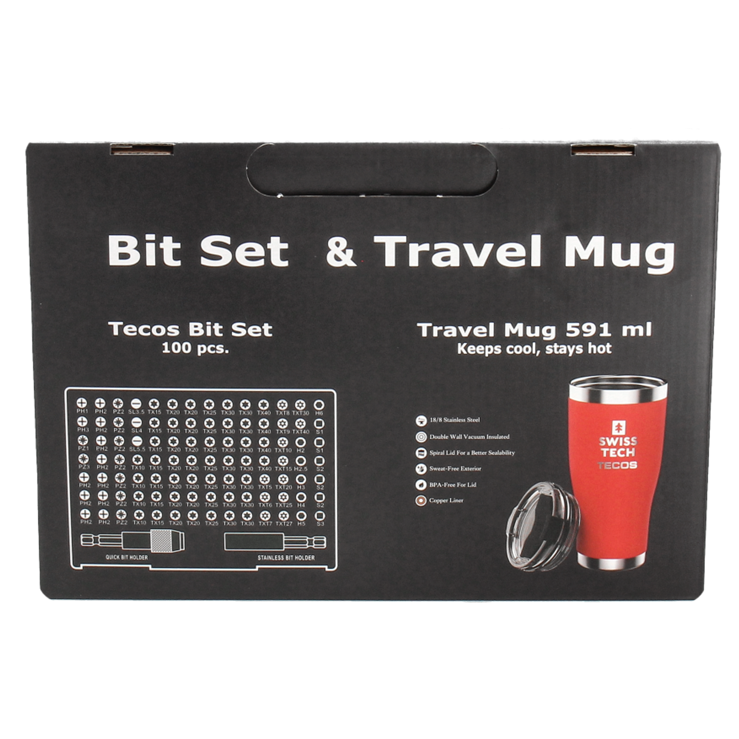 Sæt med Swisstech Termokop (591 ml) og Tecos bitssæt med 100 dele