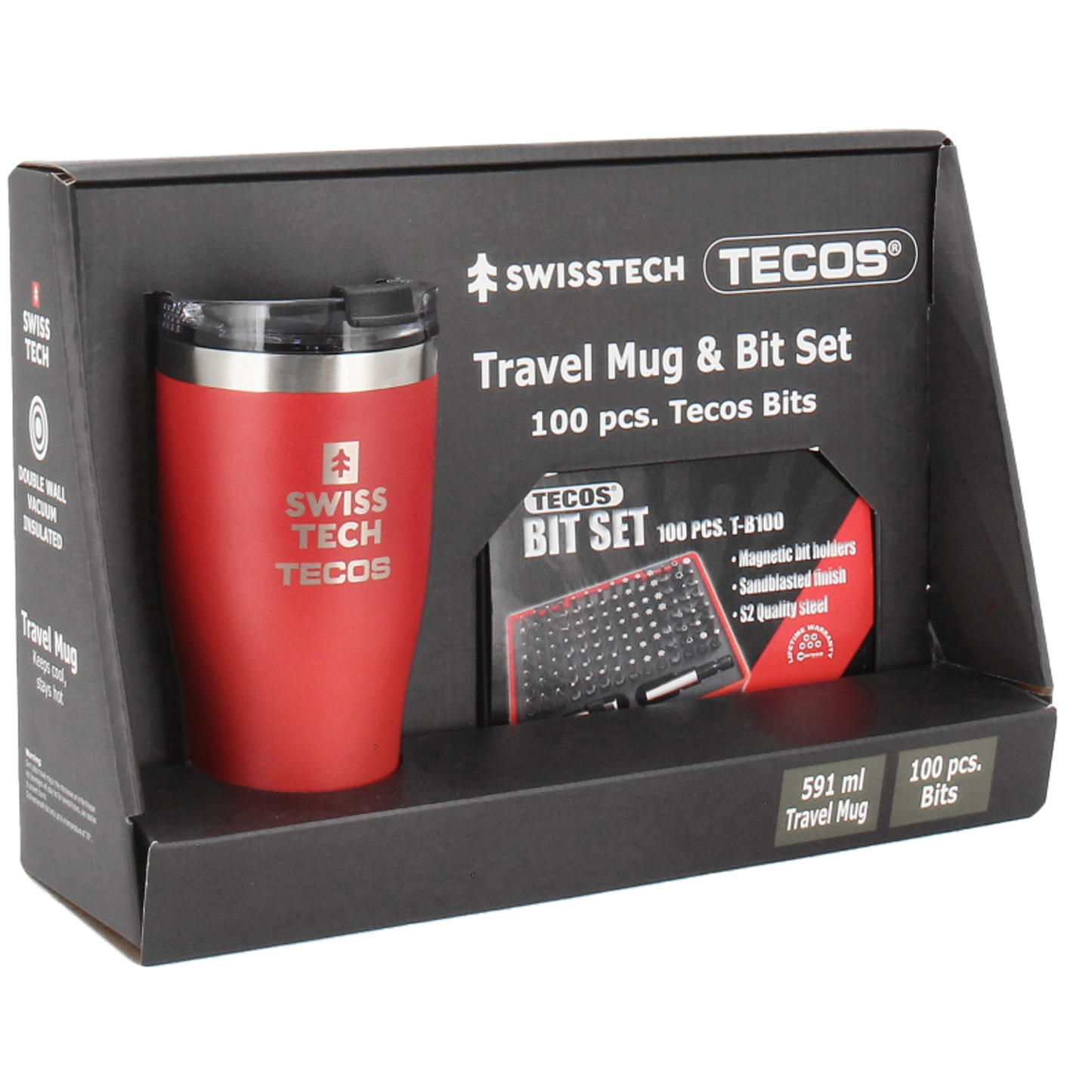 Sæt med Swisstech Termokop (591 ml) og Tecos bitssæt med 100 dele